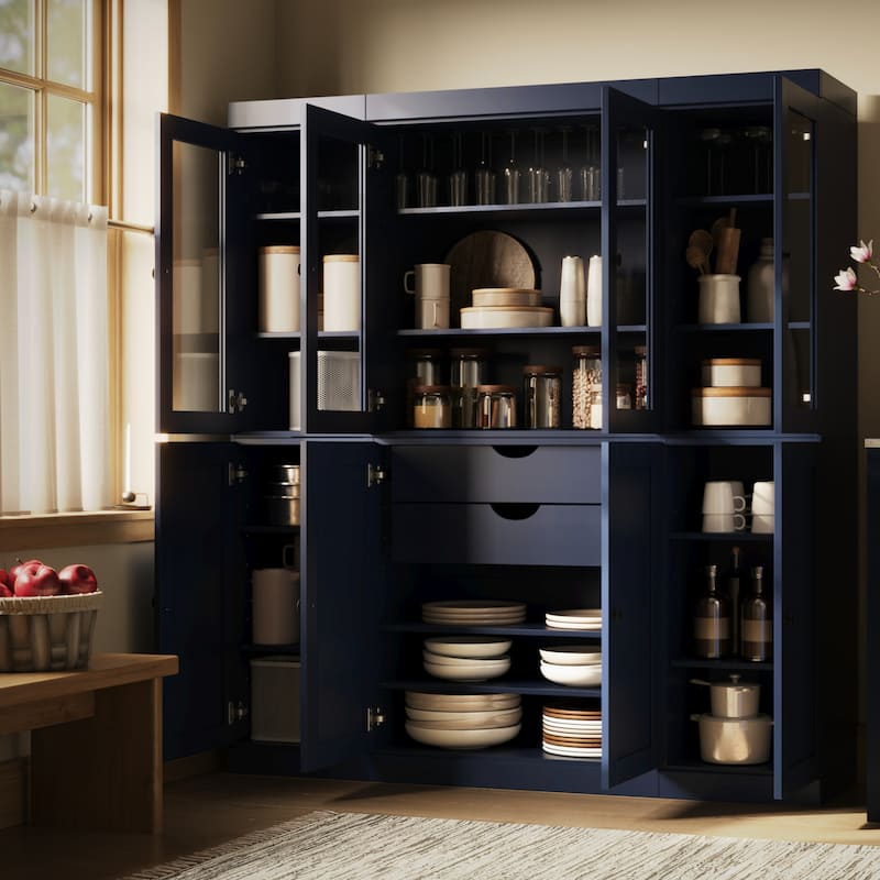 Palace Imports 100% Solid Wood 65" Pantry Cabinet with Clear Glass, Shaker Doors, 2-Drawers and Adjustable Shelves - Navy