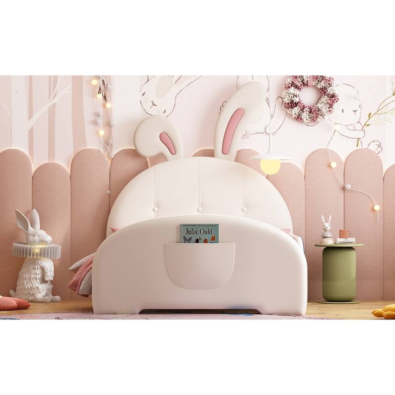 Twin Size Upholstered Rabbit-Shape Princess Bed with Headboard & Footboard,White