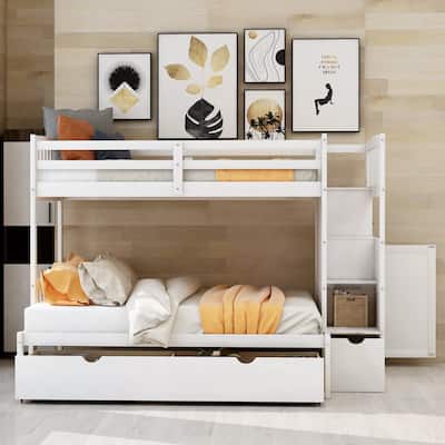Twin Over Full/Twin Bunk Bed with Storage Drawers & Shelves, Wooden Convertible Storage Bed Frame with Guardrails for Bedroom