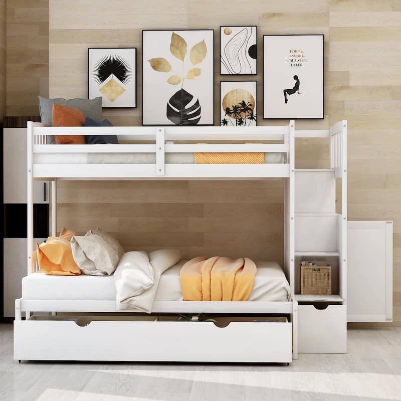 Twin Over Full/Twin Bunk Bed with Storage Shelves & Drawers, Wood Bunk Bed Frame with Safety Guardrails, Convertible Bottom Bed