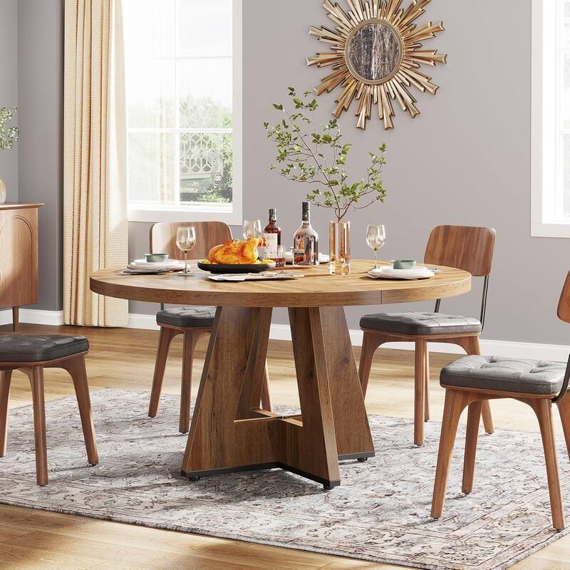 47" Round Wood Dining Table 4-Seater Farmhouse with Wooden Tabletop Cross Base for Dining Room/Kitchen