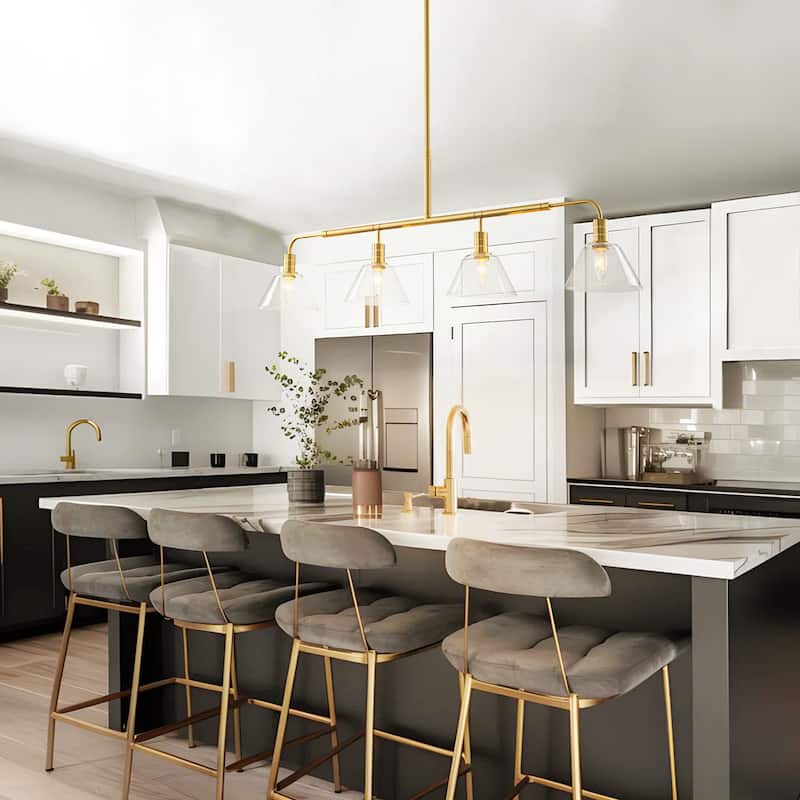 4-Light Vintage Brass and Clear Glass Linear Pendant for Dining Room - 4 Light