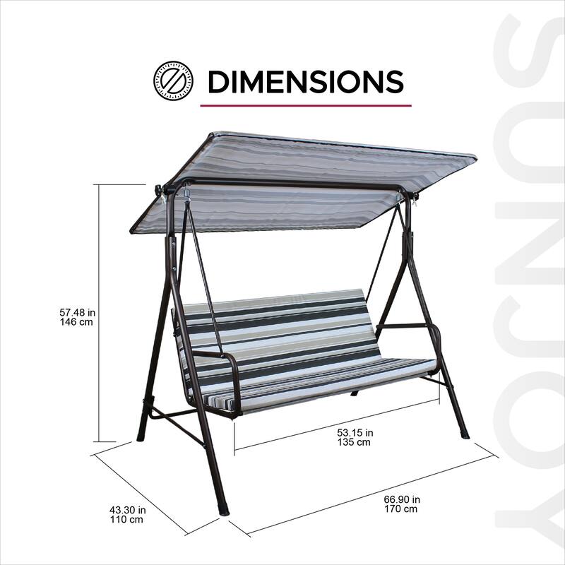 Sunjoy 2 Seat Outdoor Porch Swing with Adjustable Canopy Cushion for Patio Garden Backyard Made in Italy