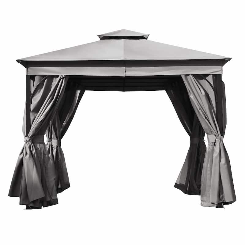 Outdoor Gazebo Tent with Double Roof, Mosquito Netting & Privacy Screens