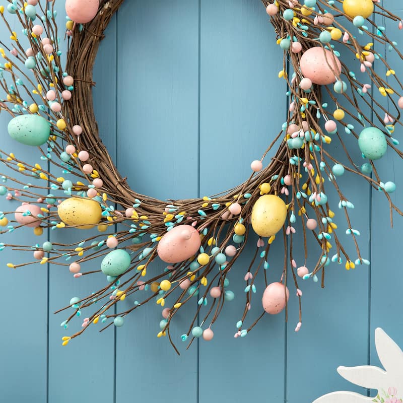 Glitzhome 22"D Artificial Easter Spring Eggs Berries Wreath for Front Door Wall Decor