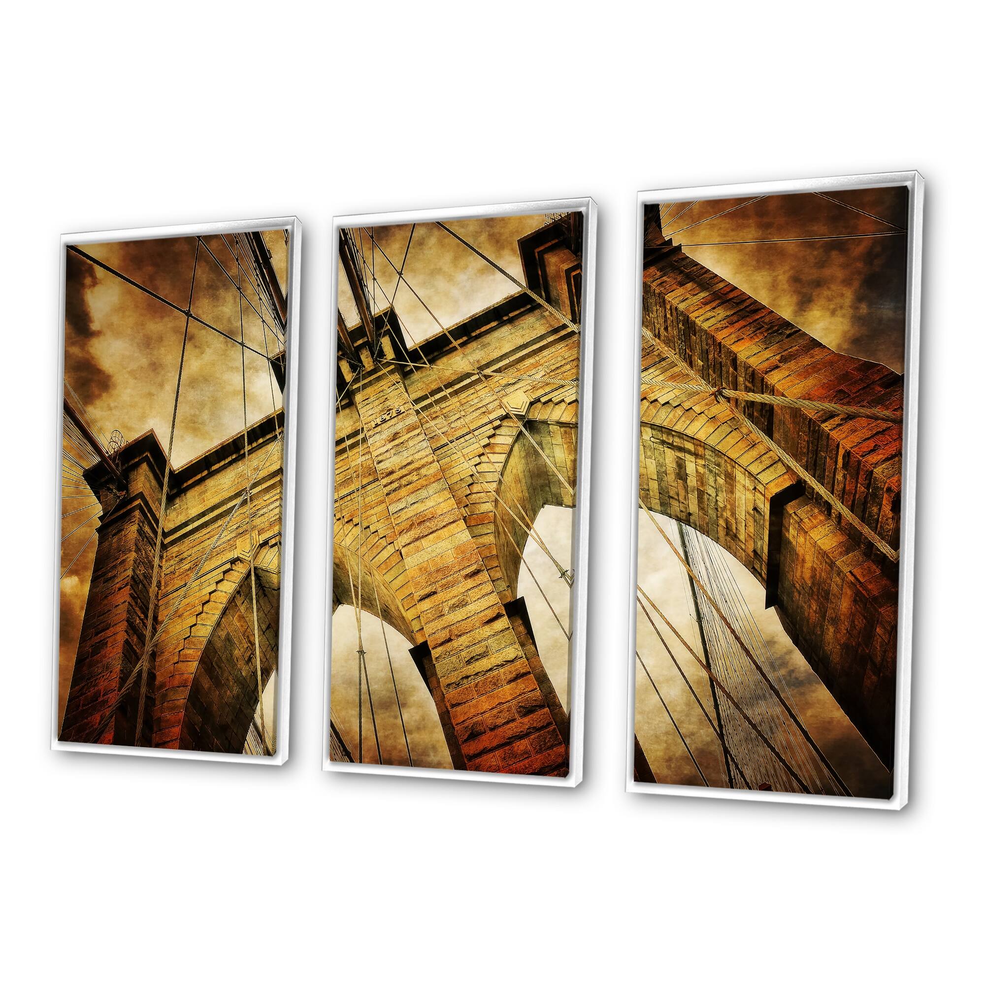 Designart "Vintage Brooklyn Bridge" Cityscape Framed Wall Decor Set of
