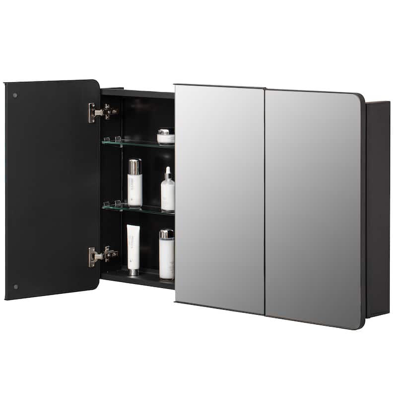 3-Door Bathroom Medicine Cabinet, Recessed Medicine Cabinet or Surface Mount, Mirrored Door Cabinet w/ Adjustable Glass Shelves - Black