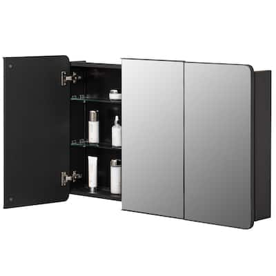 3-Door Bathroom Medicine Cabinet, Recessed Medicine Cabinet or Surface Mount, Mirrored Door Cabinet w/ Adjustable Glass Shelves