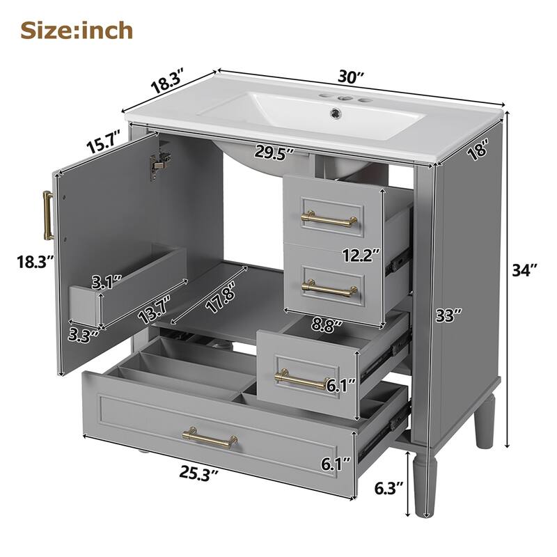 30"Bathroom Vanity with Ceramic Sink,Soft-Close Door w/Built-in Shelf