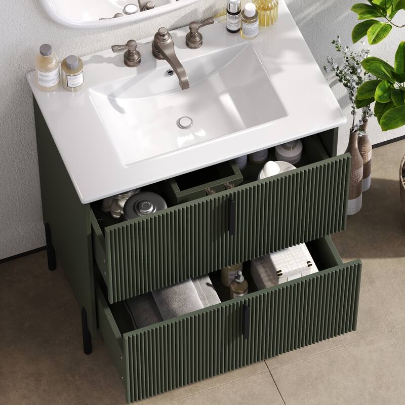 30" Bathroom Vanity with Ceramic Sink and Full-Extension Drawers, Soft Close Undermount Drawer Slides, Fluted Design