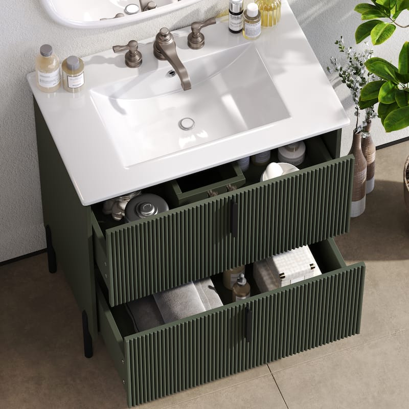 30-Inch Bathroom Vanity with a Ceramic Sink, Full-Extension Drawers, Soft-Close Undermount Slides, and a Fluted Design.