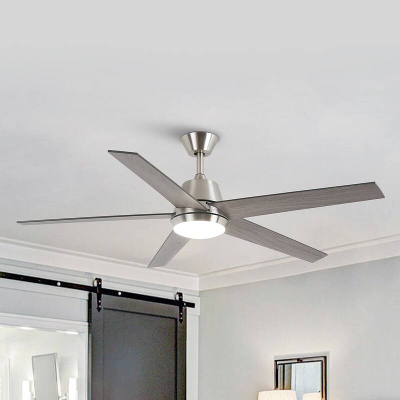 52" Modern Reversible 5-blade Brushed Nickel LED Smart Ceiling Fan with Light and APP