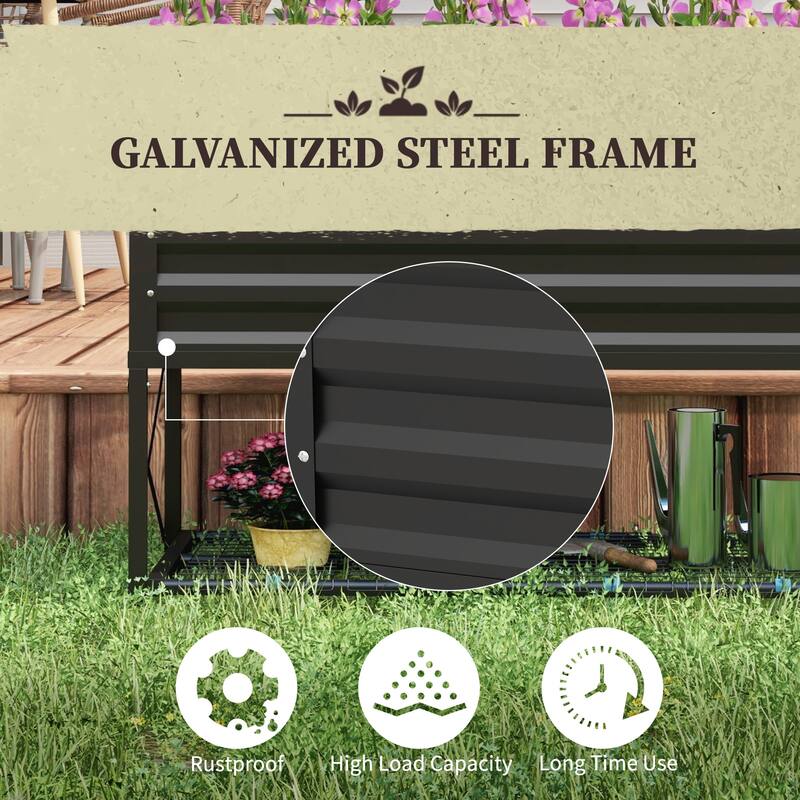 Outsunny Raised Garden Bed with Galvanized Steel Frame, Storage Shelf