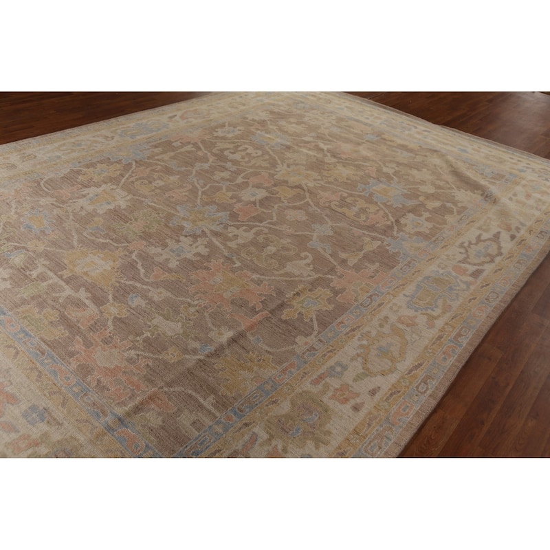 Floral Oushak Vegetable Dye Area Rug Hand-Knotted Brown Wool Carpet - 9'0"x 13'0"