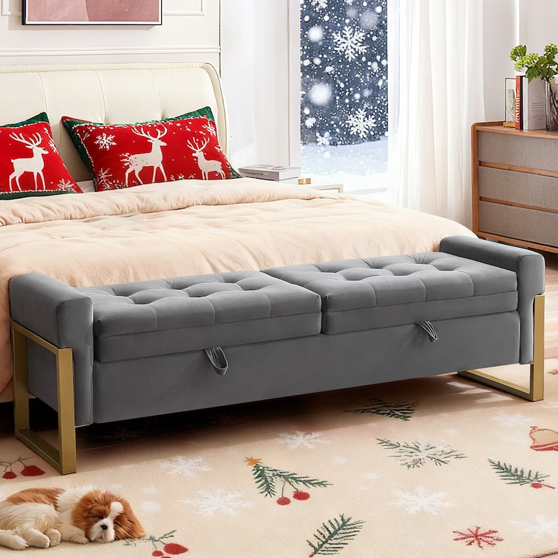 66" Storage Bench King Size End of Bed with Double Lids and Gold Legs - Dark Grey - Velvet