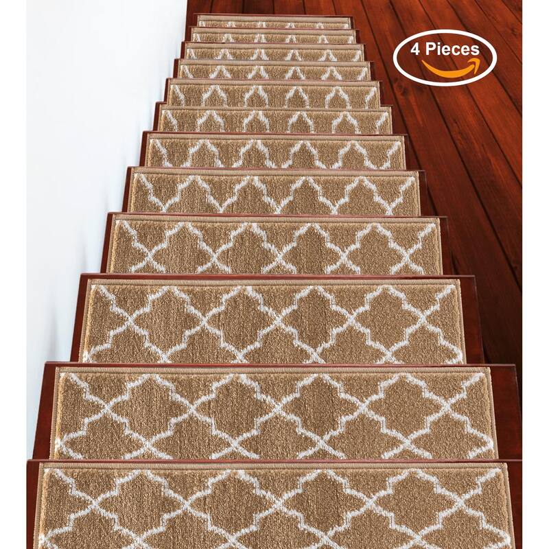 SUSSEXHOME Geometric Stair Treads with Easy to Install Double Adhesive Tape 9" x 28" - 4-PACK - Beige
