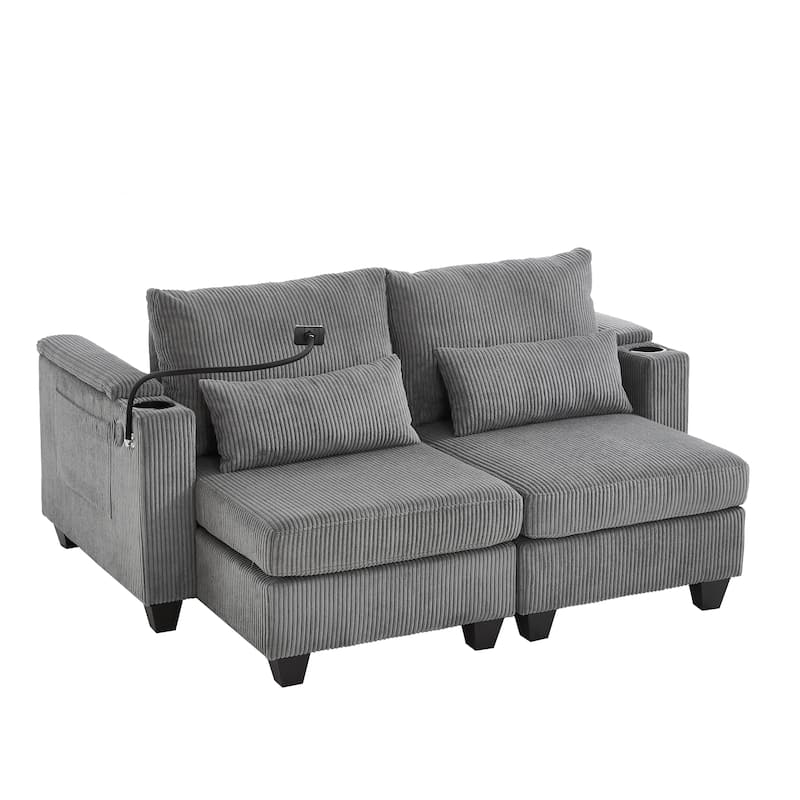 63" Convertible Chaise Lounge Chair, Corduroy Upholstered Sofa Bed with USB Ports & Cup Holders, Living Room Loveseat Sofa