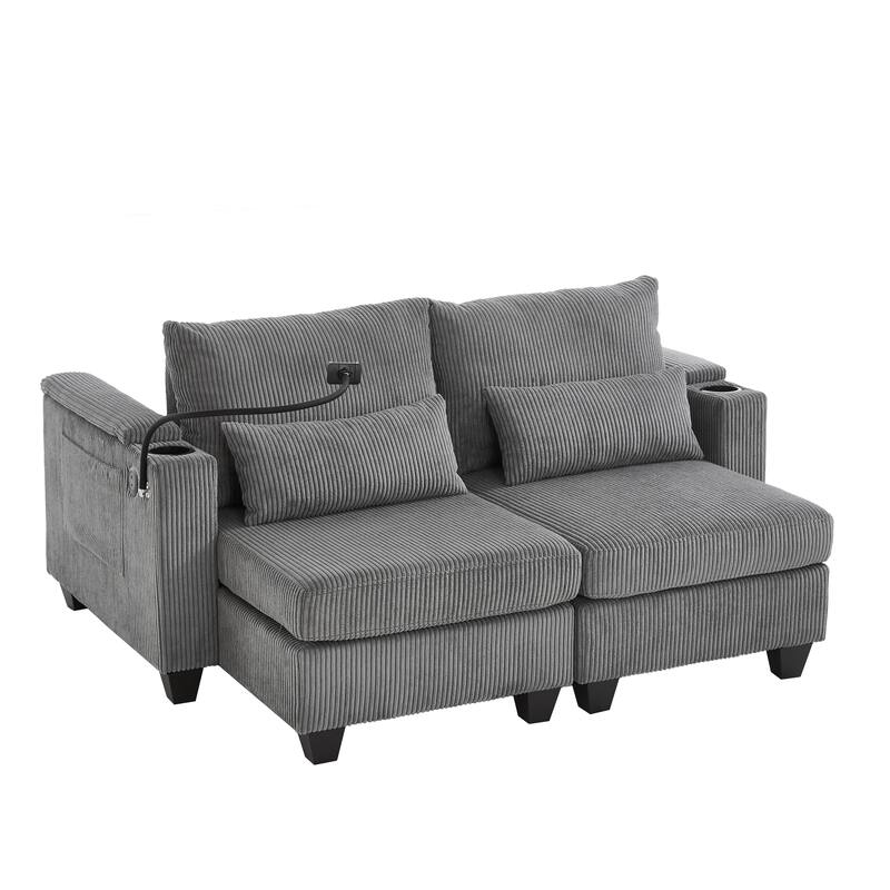 Sofa Chair with Armrests, 2-in-1 Corduroy Loveseat & Chaise Lounge, Sofa Bed Sleeper Sofa with Cup Holders & Side Pockets