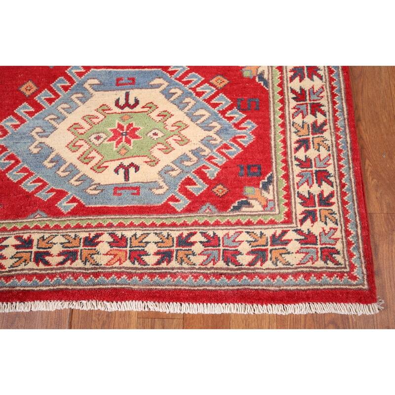 Geometric Kazak Accent Rug Hand-Knotted Red Wool Carpet - 3'4" x 4'7"