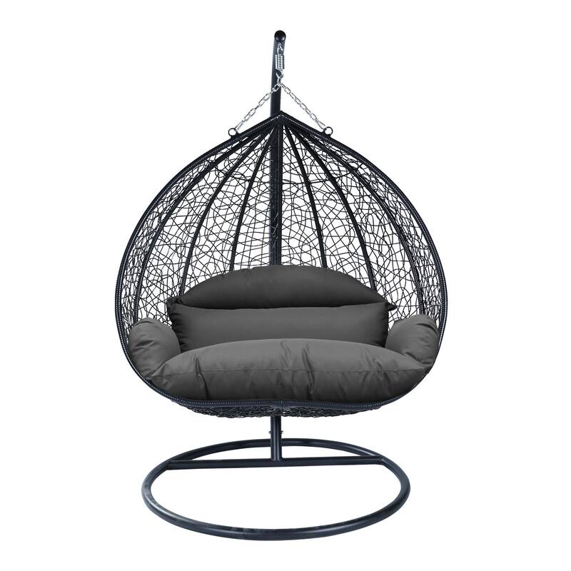 2-Person Outdoor Hanging Egg Chair with Teardrop Frame, Weather-Resistant Cotton Cushioned Seat for Patio and Indoor Use - Dark Grey