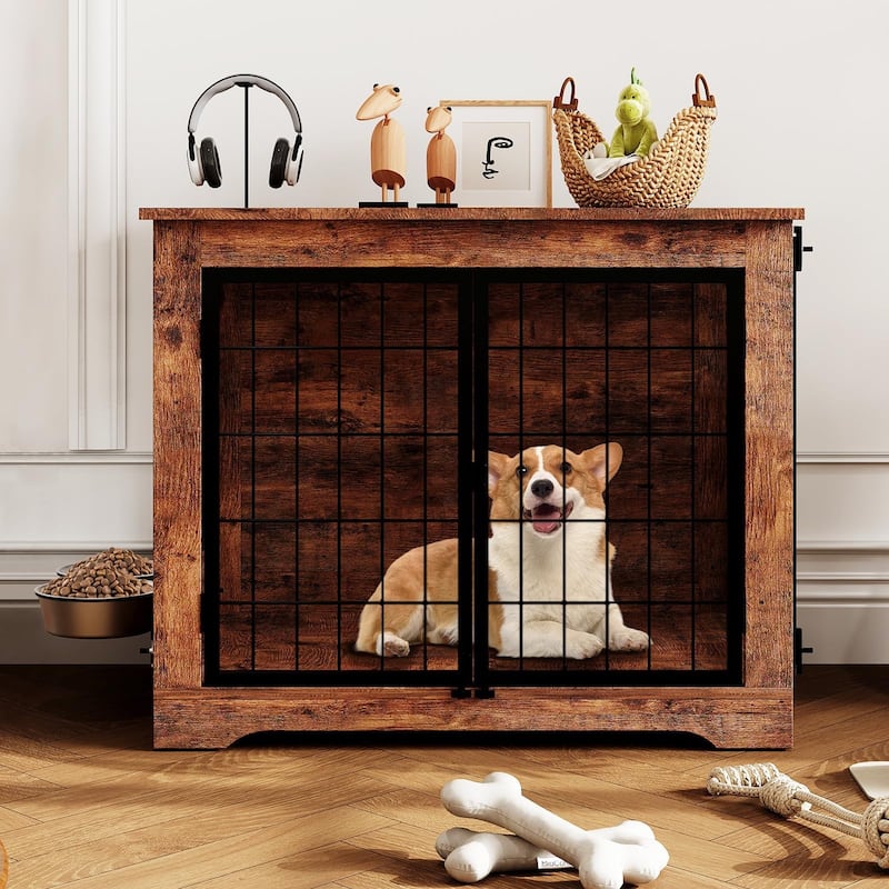 Dog Crate Furniture, Heavy Duty End Table Kennel with Rotating Feeder