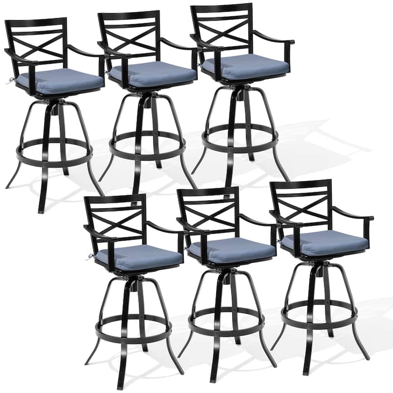 Outdoor Bar Stools Patio Cast Aluminum Swivel Barstools with Sunbrella Cushion - Spectrum Denim - 6PC