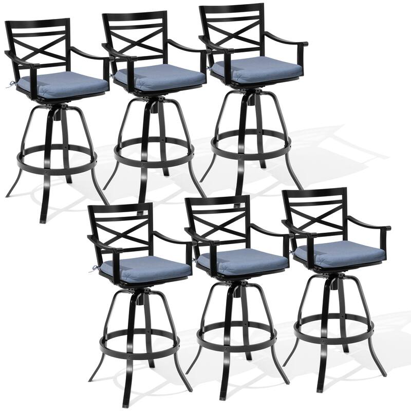 Outdoor Patio Cast Aluminum Swivel Bar Stools with Sunbrella Cushion - Spectrum Denim - 6PC