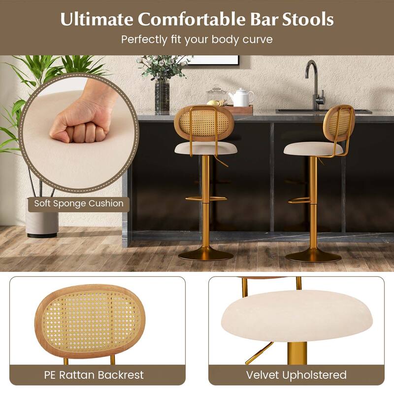 Set of 2 Height-adjustable Bar Stool Swivel Bar Chairs with Backrest
