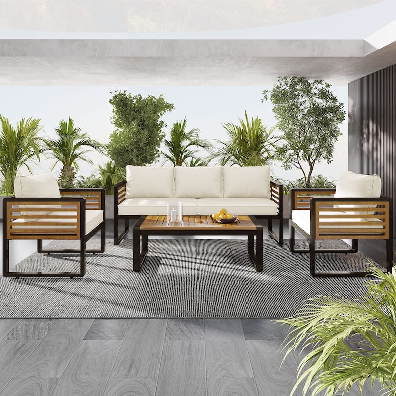 5-Person Outdoor Conversation Set with Removable Cushions and Stylish Metal Frame and Acacia Wood