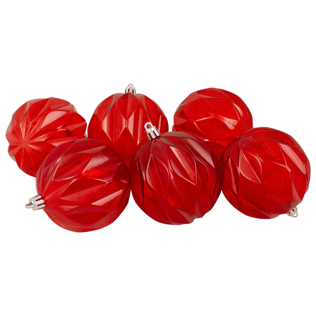 Set of 6 Red Rhombus Cut Shatterproof Christmas Ball Ornaments 3"