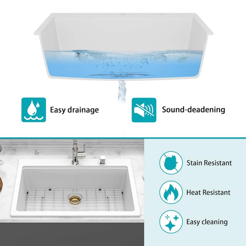 Quartz Kitchen Sink - 33" x 22" x 9.65" White granite composite Workstation Drop-in kitchen sink