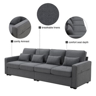 Modern 4-Seater Linen Fabric Sofa with Armrest Pockets and 4 Pillows ...