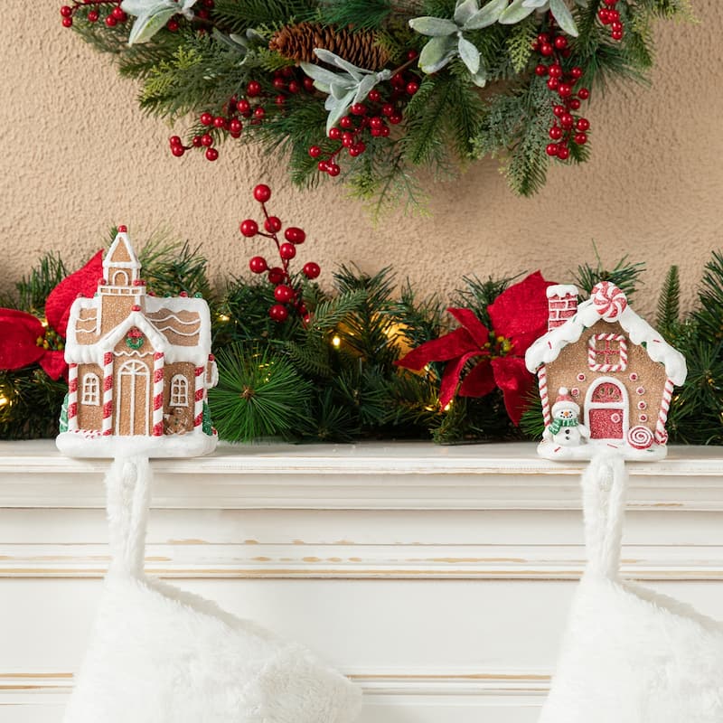 Glitzhome 7.75"H Set of 2 Resin Gingerbread House Stocking Holders with Stockings - 2PK Stocking Holders