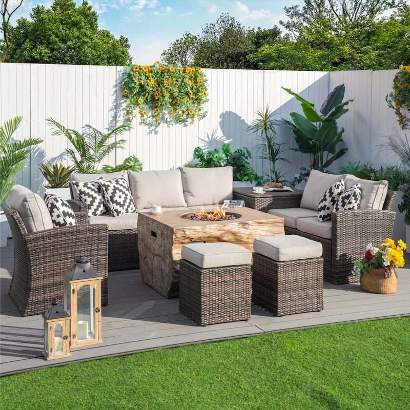 7-piece Patio Wicker Garden Chat Sofa Set with Fire Pit Table and Storage Box - Brown-Rec