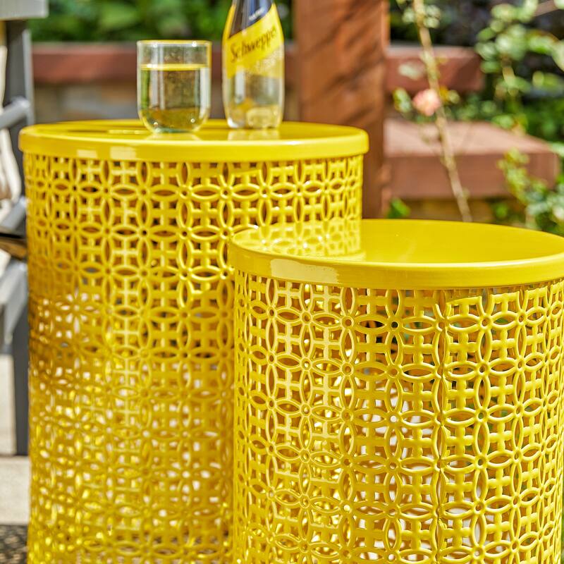 Glitzhome Set of 2 19.25"H & 16.5"H Multi-functional Metal Outdoor Table Garden Stool