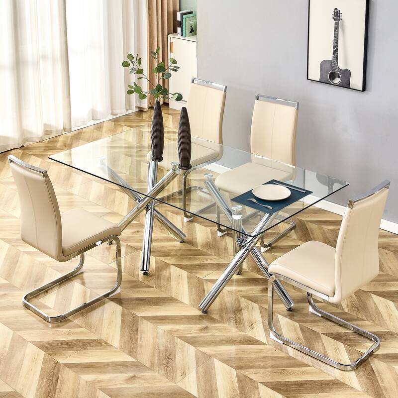 Modern Upholstered High Back Dining Chairs with C-Shaped Metal Legs