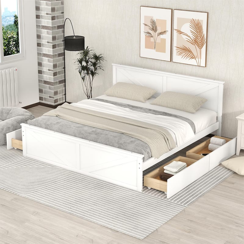 King Size Platform Bed with Four Storage Drawers and Support Legs