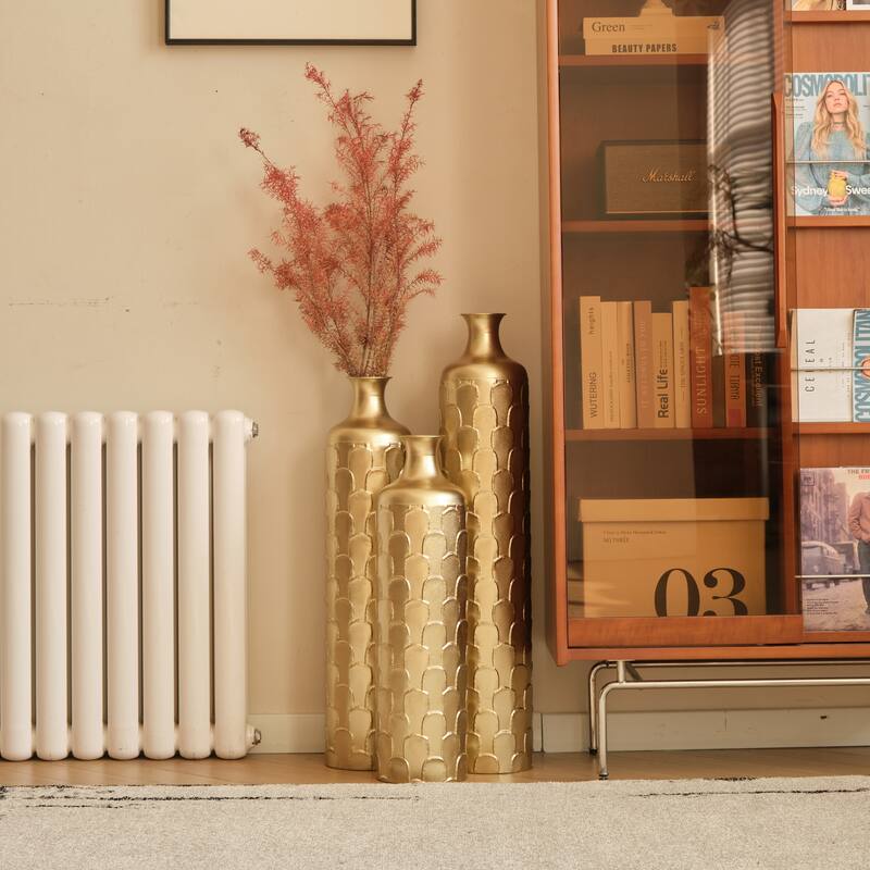 Floor Metal Vases Decorated Trumpet Vase Set of 3, Large Glazed Metal Vases, Hammered Finishes Minimalist Vase