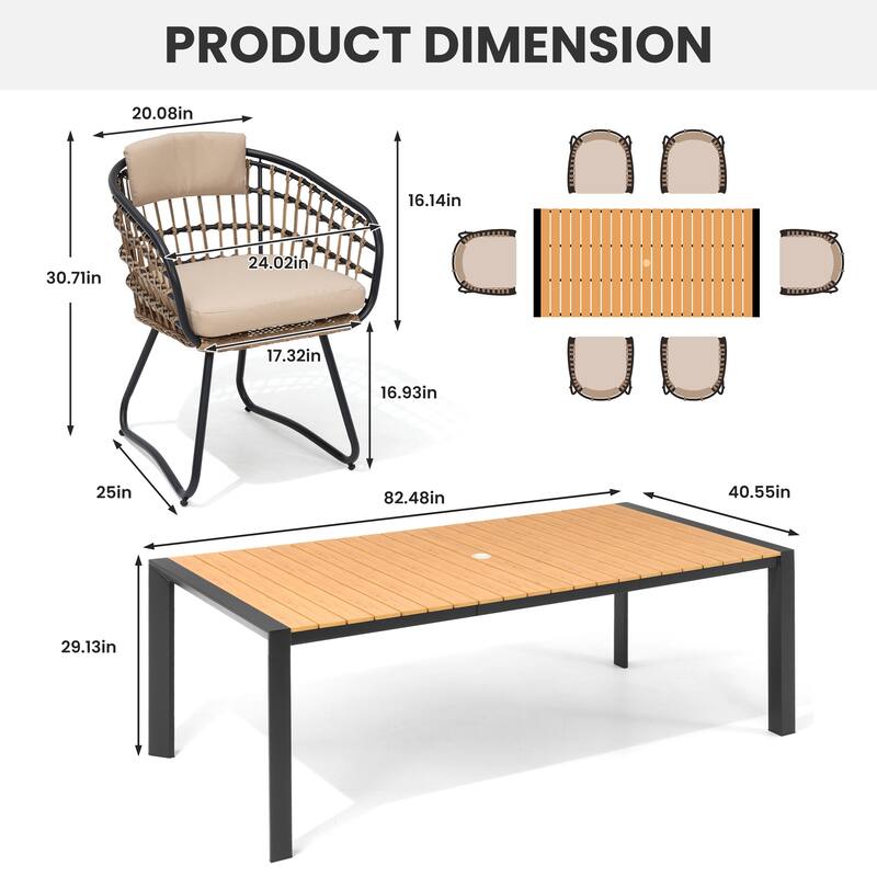 7/9-Piece Outdoor Patio Dining Set Aluminum Dining Table with Umbrella Hole and PE Rattan Chairs