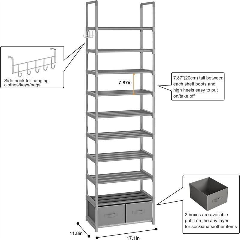 Tall Shoe Rack Narrow 10 Tier Shoes Rack - 11.8"D x 17.7"W x 78.7"H