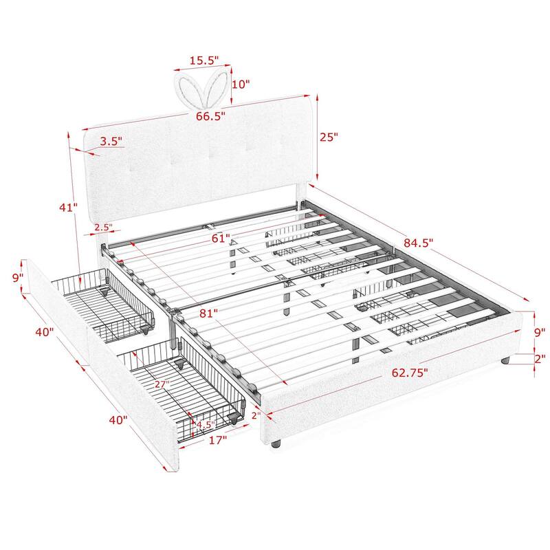 Queen Size Boucle Upholstered Bed with Rabbit Ear Headboard, LED Music Sync & 4 Drawers