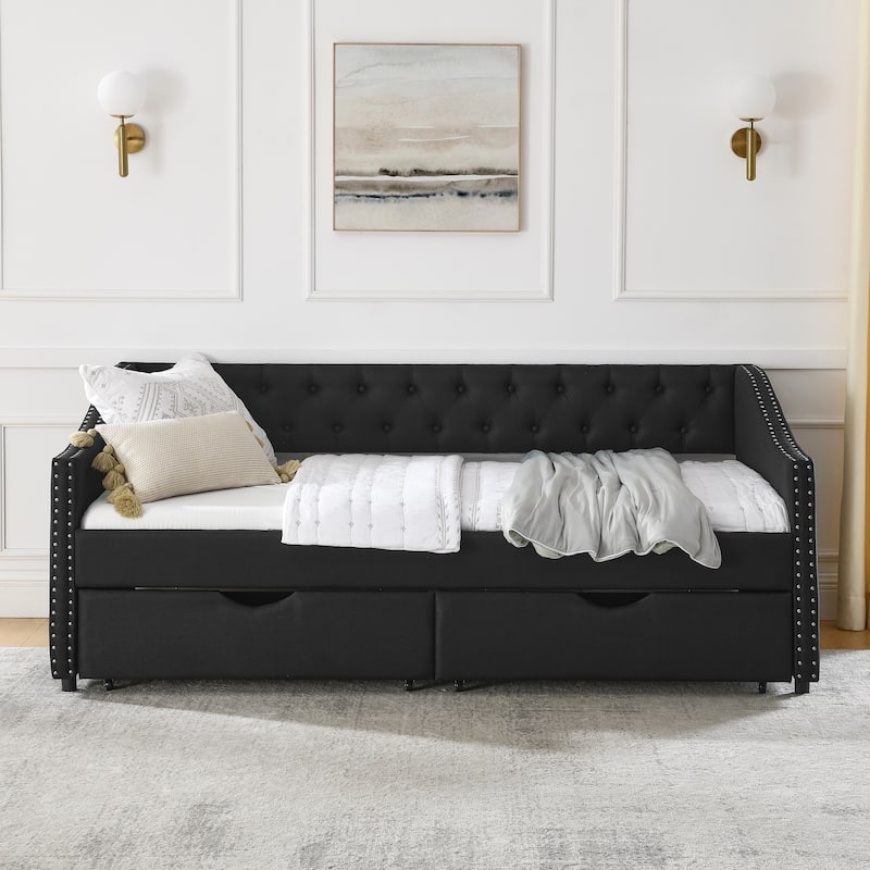 Tufted Button Daybed with 2 Storage Drawers/Upholstered Sofa Bed Frame w/Copper Nail on Waved Shape Armrests/No Spring Box Need