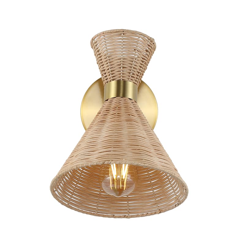 Kiawah 10" 1-Light Mid-Century Vintage Retro Rattan/Metal LED Sconce with Adjustable Shade, by JONATHAN Y