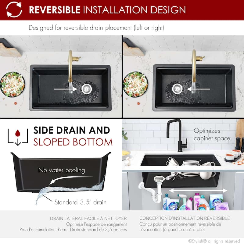STYLISH Dual Mount 32" Single-Bowl Composite Granite Kitchen Sink - 32" x 18" x 9.5"