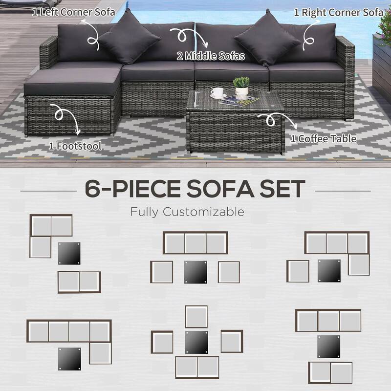 6 Piece Patio Furniture Set, Ottoman, Cushions and Glass Table