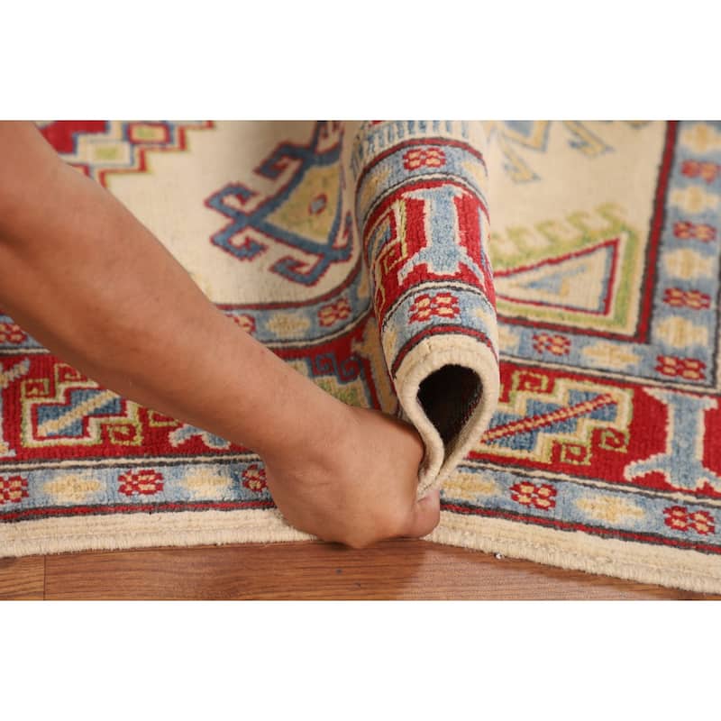 Geometric Kazak Oriental Area Rug Handmade Beige Wool Carpet - 3'11" x 6'0"