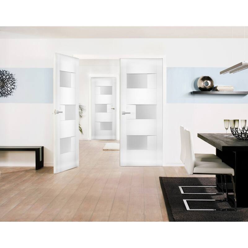 Solid French Double Doors Opaque Glass / Sete 6933 White Silk / Wood Solid Panel Frame / Closet Bedroom Modern Doors
