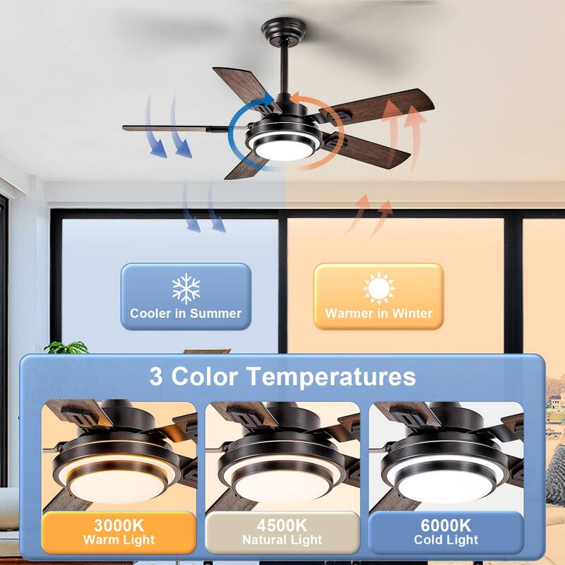 42-52Inch Ceiling Fan with Light: with 5 Blades Dual Finish Reversible - with Remote Control for Living Room Outdoor Patios