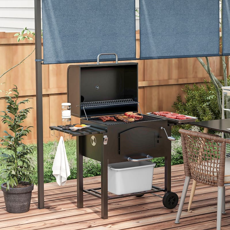 Charcoal Grill, BBQ with Adjustable Height, Portable Barbecue with Folding Shelves, Thermometer, Bottle Opener & Wheels