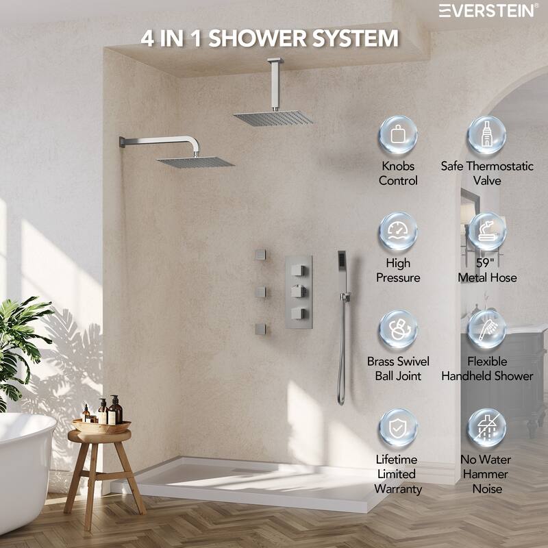 Thermostatic Faucet System 12" Dual Showerheads with 3 Body Jets and Rough-In Valve